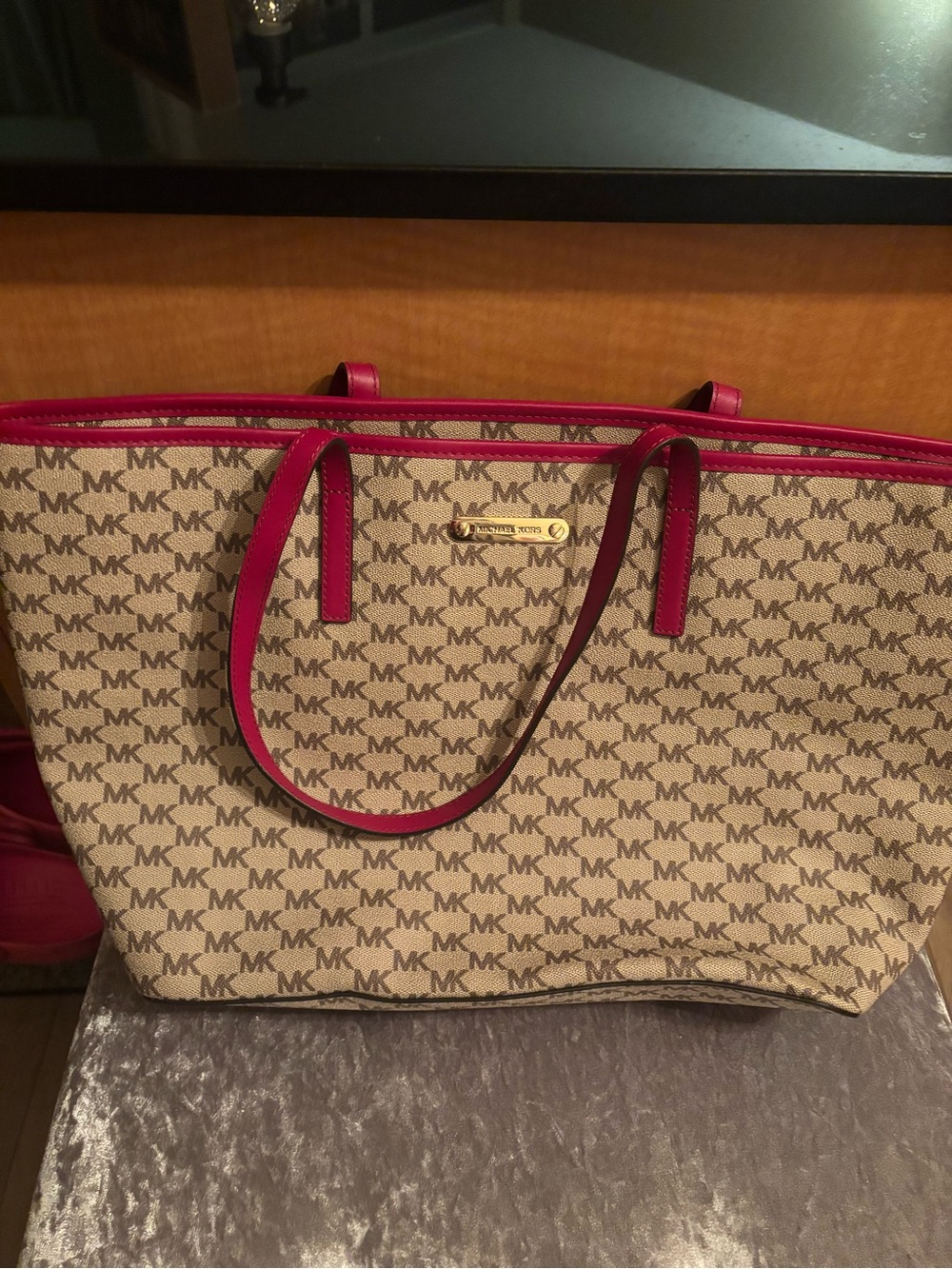 Michael Kors Beige Signature Tote with Pink Trim